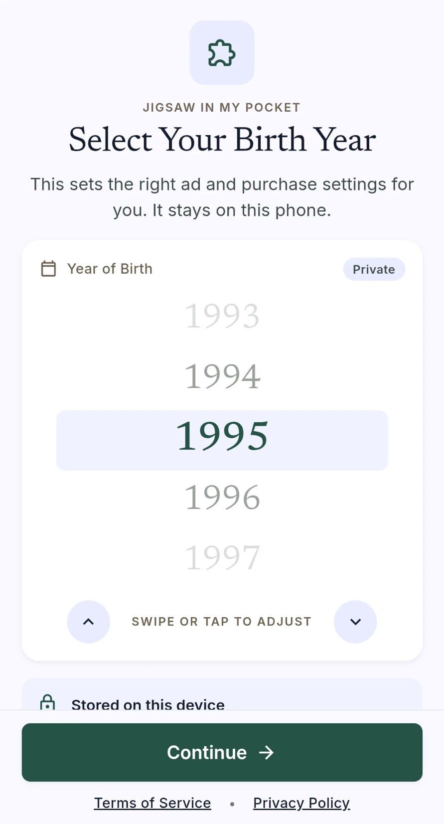 Birth year screen noting that the year stays on the phone
