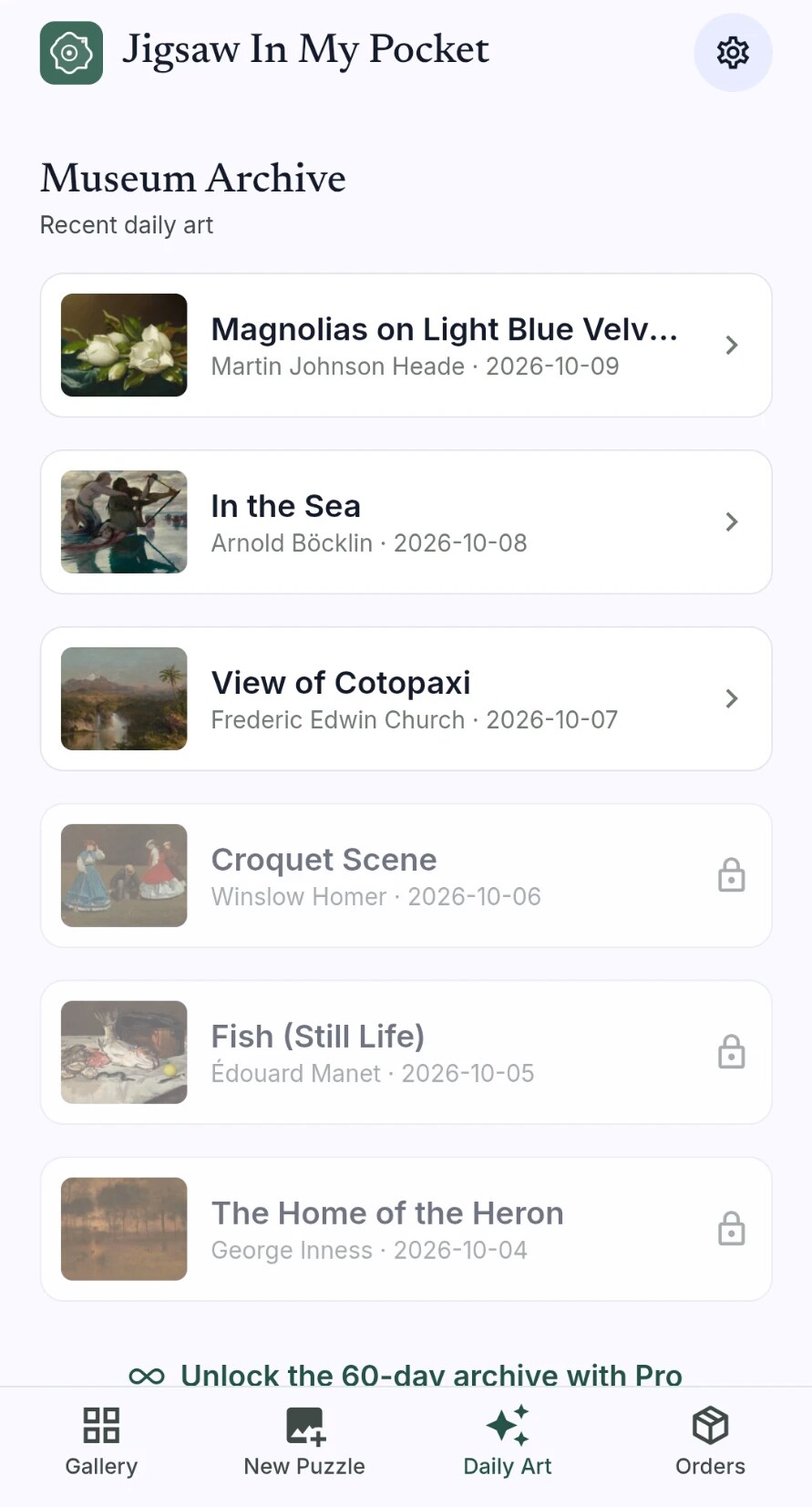 Museum archive list of recent daily artworks